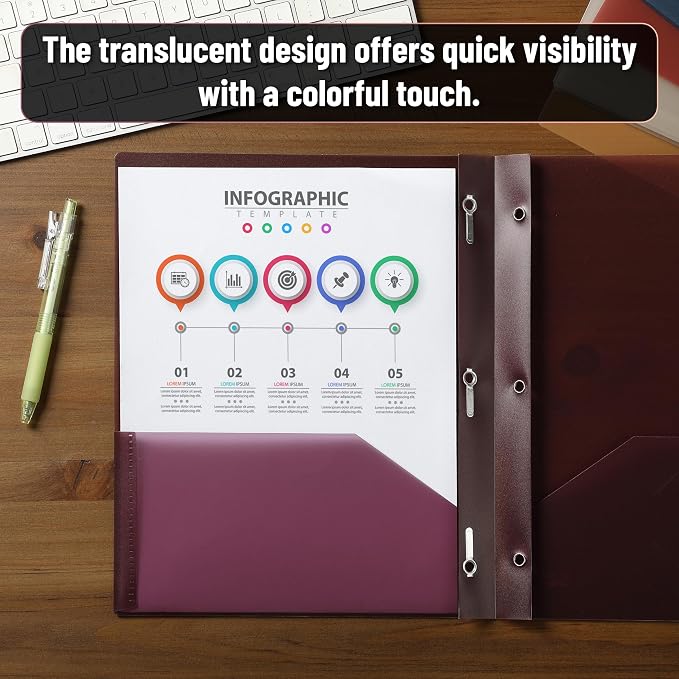 Mr. Pen- Translucent Plastic Folders with Pockets and Prongs, 5 Pack, Colorful, Letter Size, Flexible Plastic Folders with Prongs & Card Slot