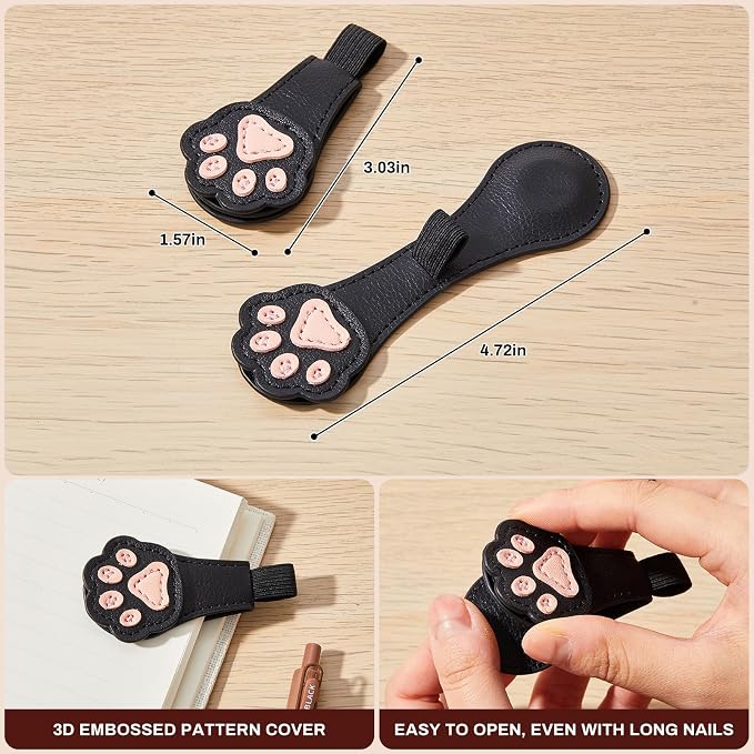 2Pcs Magnetic Bookmarks with Gift Box Magnetic Pen Holder for Notebook Cat Book Marks Clip Gift for Book Lover Readers Cute PU Leather Bookmark for Women, Paw (White+Black)