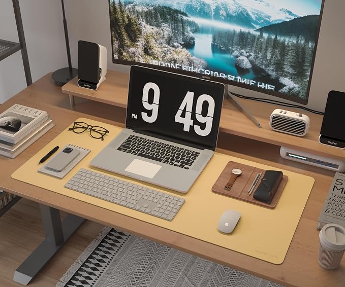 RENMTURE Desk Pad, Cork & PU Leather Desk Mat, Large Mouse pad, Non-Slip Desk Protector and Blotter, Waterproof Writing Pad, Desk Accessories and Organizers for Work (Light Yellow, 23.6" x 13.7")