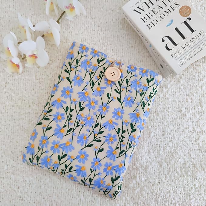 Daisy Embroidered Canvas Book Sleeve - Elegant Book Cover, Cotton Padded Protector for Paperbacks & Hardcovers, Ideal for Book Lovers, 10.6x8.7 inches, Wooden Button (Blue & Beige)