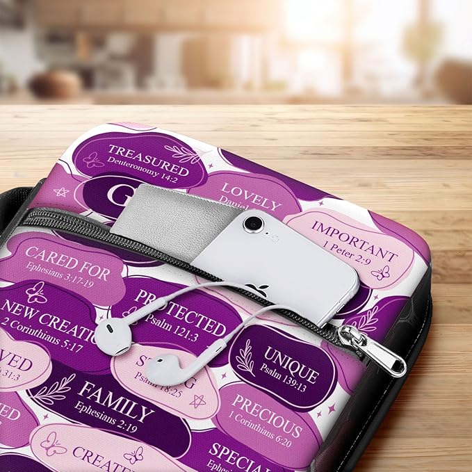 God Says I Am Bible Cover for Women with Handle and Zipper Pocket, Christian Scripture Case for Girls, Inspirational Purple Bible Bag, Fits Standard Size, Faith Gift for Mom, Church