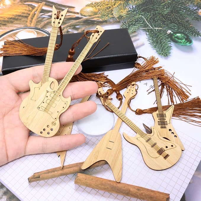 yueton 6PCS Creative Vintage Style Bookmarks Guitar Bass Musical Instruments Bamboo Bookmark with Beautiful Tassels for Office, School, Home, Library and Bookstore Use - with a Gift Box