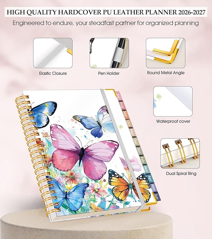 Academic Planner 2026-2027, Hardcover Leather Weekly and Monthly Calendar Planner from July 2026 - June 2027, A4 8.5" x 11" Daily Agenda with Tabs, College School Organizer for Student Teacher, Butterflies in the Blooms