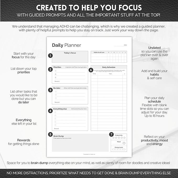 ADHD Daily Planner for Neurodivergent Adults - Productivity Daily Planner & Task Management to Stay Organized and Focused (Mono)