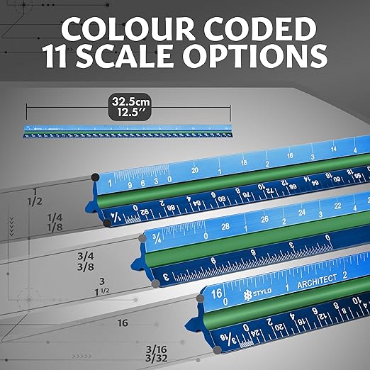 Stylo 12" Aluminum Architect Scale Ruler Laser Etched Triangle Drafting Ruler, Color Coded Grooves for Blueprint, Drafting and Drawing, Architectural Scale Ruler for Blueprints (Blue, Imperial Units)