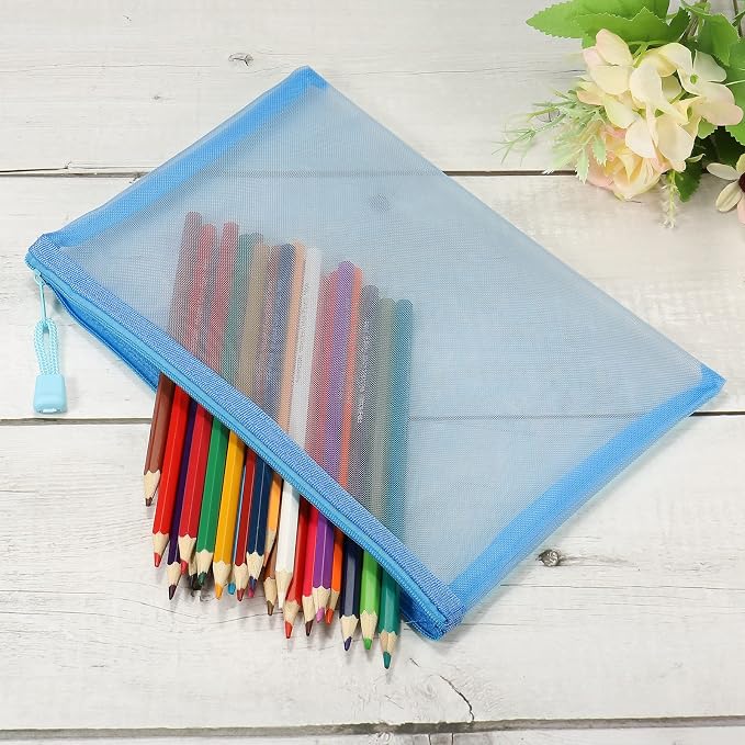 MECCANIXITY Mesh Zipper Bags, A5 Nylon Zip Pouch Pencil Case Storage Pockets for Travel Office Accessories, Sky Blue Pack of 6