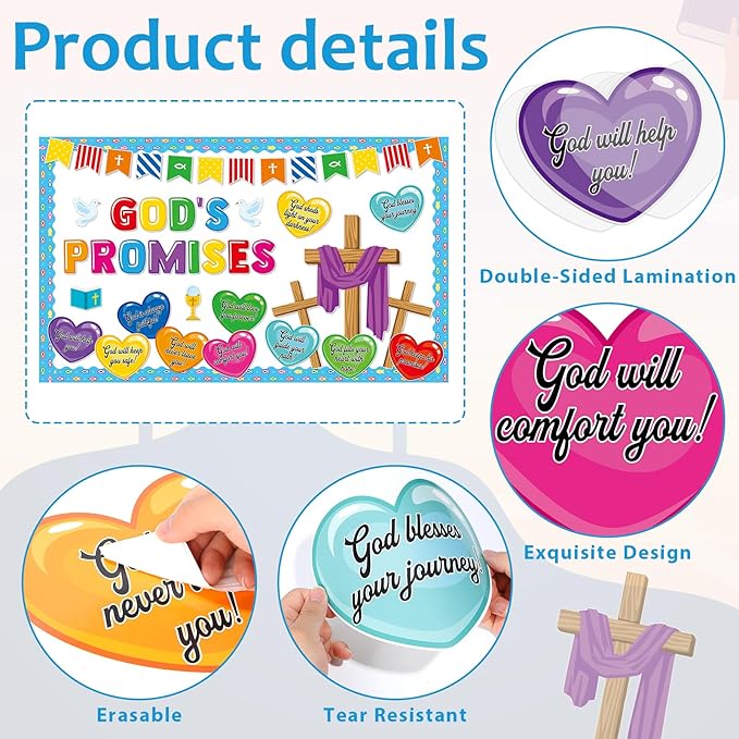 gisgfim Christian Bulletin Board Decorations Set Religious God’s Promises Paper Cutouts Colorful Heart Bible Bulletin Board Decor for Classroom Christmas Sunday School Chalkboard Wall