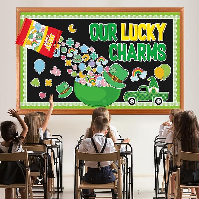 St.Patrick's Day Bulletin Board Decoration Set Green Shamrock Paper Cut Outs Our Lucky Charms Bulletin Board Set for St.Patrick’s Party Supplies Home Office School Classroom Chalkboard Wall Decor