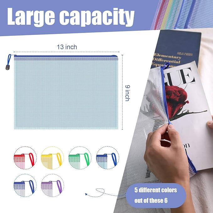 Koogel 5PCS Mesh Zipper Pouch Bags, A4 Zipper File Bags for Organizing Storage, Waterproof Plastic Pencil Pouches, Reusable File Bag for School, Office Classroom Organization Supplies, 5 Colors