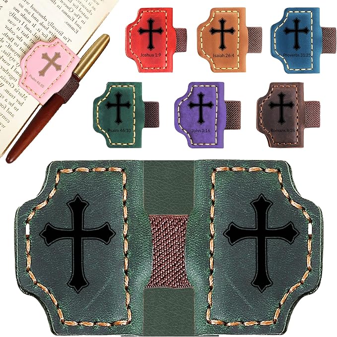 Personalized Leather Bookmark with Pen Holder - Magnetic Bible Verse Design, Christian Book Lovers Reading Accessory, for Book Lovers Men Women (Green, Cross)