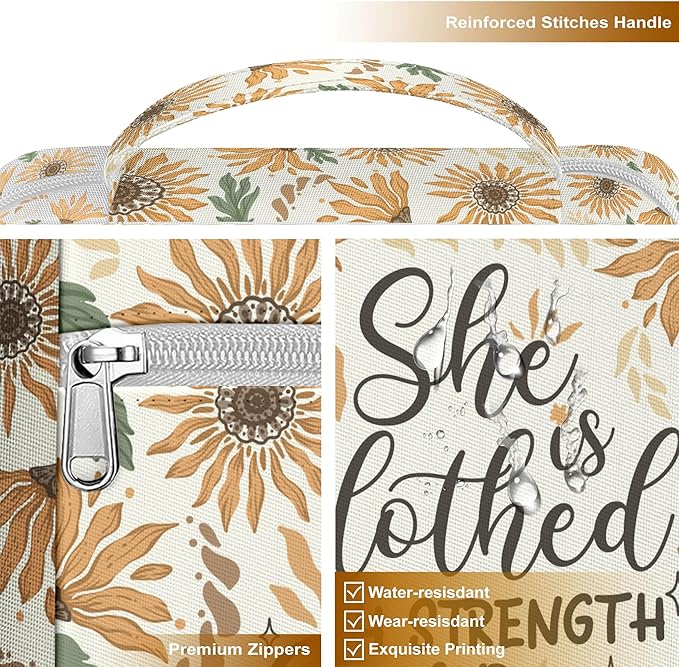 Sunflower Bible Cover for Women with Handle and Zipper, Scripture Verse Proverbs 31 25, Canvas Bible Case, Fits Standard Size Bible, Christian Gift for Mom Girls Bible Study Church Use