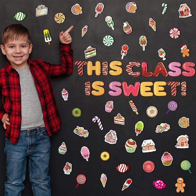 Marspark 68 Pcs Christmas Classroom Bulletin Border Decoration Candy Land Decoration Christmas Cutouts Peppermint Gingerbread Man Donut Ice Cream Cutouts for Classroom Door Wall Windows Decor