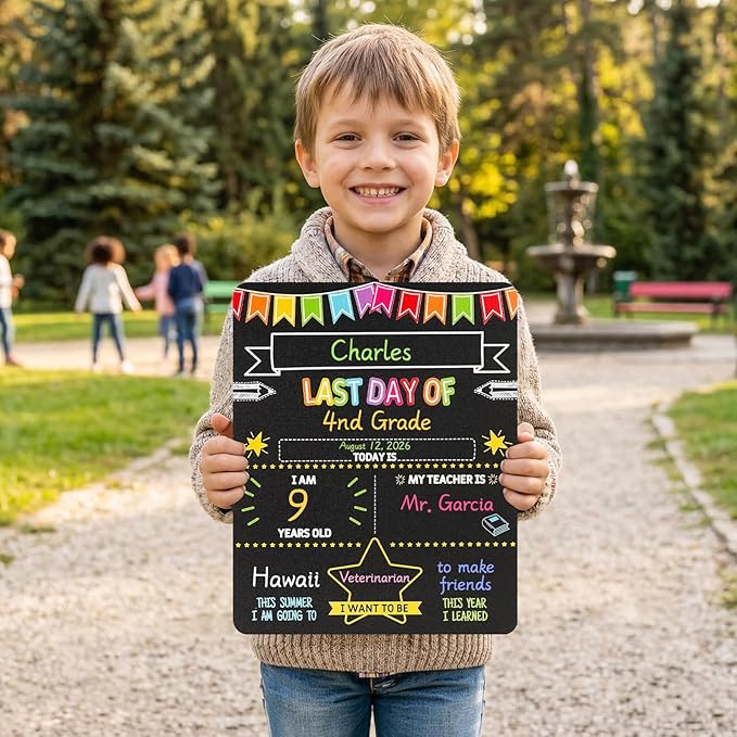 First and Last Day of School Sign - 11x14 Double-Sided Non-Glare Chalkboard with 7 Chalk Markers - Photo Prop Keepsake Gift for Kids Preschool Kindergarten 1st-12th Grade Back to School