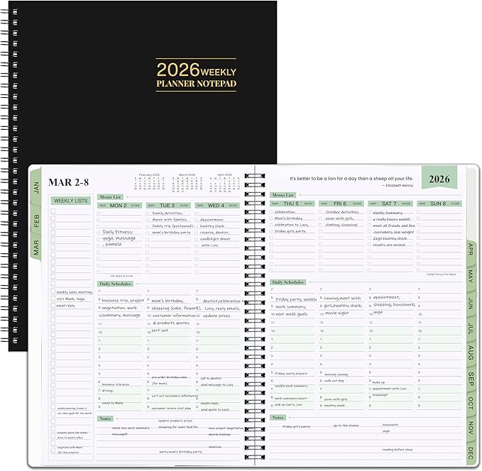2026 Planner - 11.38'' x 8.74'', 2026 Weekly & Monthly Planner Notepad,Jan. 2026 - Dec. 2026, Appointment Book 2026, 60 Minutes Interval, Monthly Tabs, Sturdy Cardboard Cover, Spiral Bound - Black