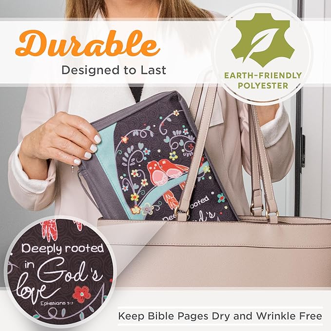 Christian Art Gifts Men & Women’s Bible Cover – Deeply Rooted in God’s Love, Gray Canvas, Large Size – Durable Zipper Case with Handle, Pen Loop, Interior & Exterior Pockets for Daily Use