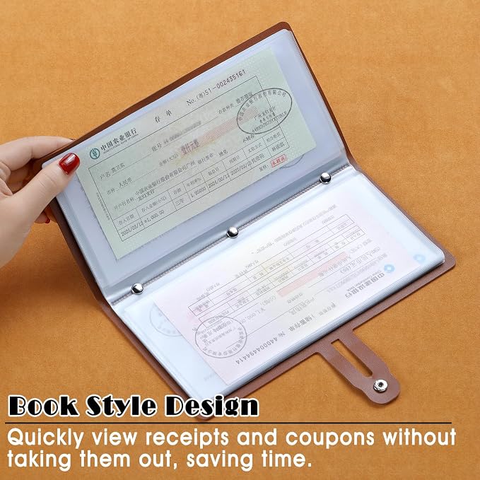 Leather Receipt Organizer, Portable Receipt Holder for Travel, Daily Coupon Organizer with 20 Pockets and 12 Card Slots to Keep Receipts and Coupons Organized, Prevent Loss and Damage (Brown)