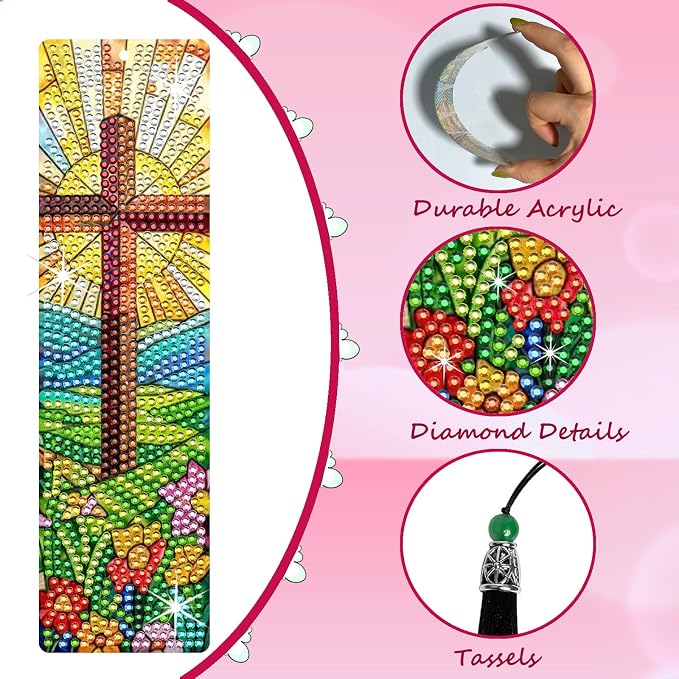 8PCS Diamond Painting Art Bookmarks,Cute Acrylic Bookmarks Crafts Kits Gifts with Pendants for Adult Women Book Lovers (cross2)