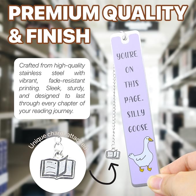 Silly Goose Bookmark, Cute Funny Bookmarks for Women Metal Book Mark Pink Bookworm Bookmark Bookish Accessories Cool Gifts for Book Lovers Reading Club Christmas Birthday Present (Lavender)