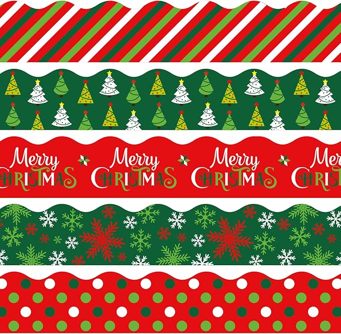 Whaline 69Ft Christmas Classroom Borders Bulletin Board Decorations Red Green Xmas Trim Border Bulletin Board Stickers for School Classroom Office Christmas Decor Party Supplies, 5 Design