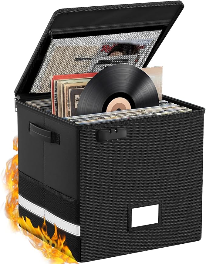 Vinyl Record Storage Box with Lock, Fireproof & Water-Resistant Record Organizer for 100+ 12-inch Vinyl Albums, Collapsible Crate with Lid & Handles, 13"x13"x13" Record Case