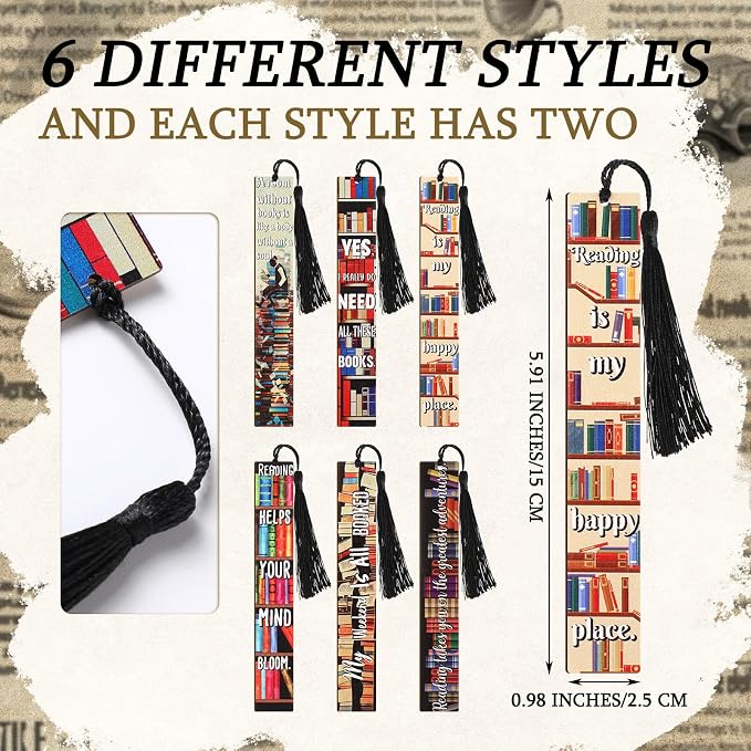 Colarr 12 Pcs Wood Bookmarks for Woman Book Club Gift for Book Worms Books Lovers Bookmarks Bulk with Tassels for Reading Party Favors Books Exchange Club Men & Women Friends(Bookshelf)