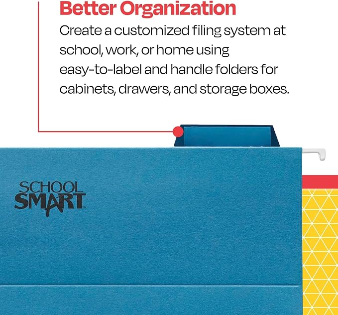 School Smart Hanging File Folders, Letter Size, 1/5 Cut Tabs, Blue, Pack of 25