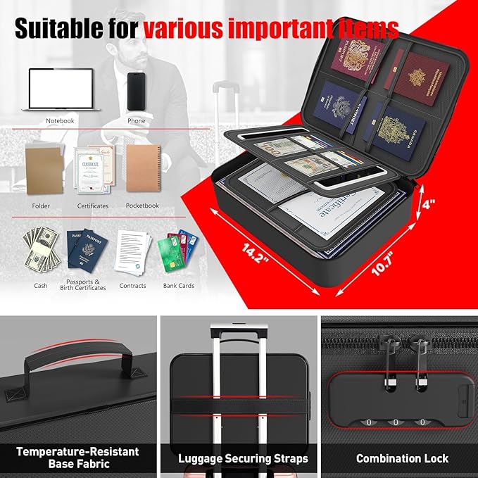 Fireproof Document Box with Lock,File Safe Bag for Home,Multi-Layer Important Document Organizer,Office Paper Storage File Folder Box for Laptop Certificates Passport,Portable Waterproof