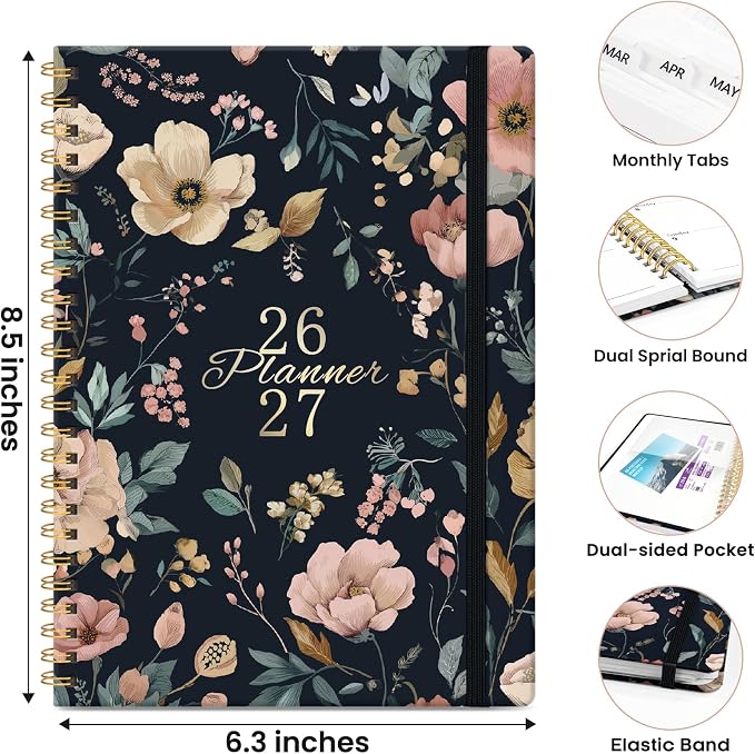 Planner 2026–2027, Academic Planner Weekly and Monthly Calendar Jul 2026 – Jun 2027 Hardcover Planner with Tabs and Pocket, Spiral Bound Agenda Book for Student & Teacher, 6.3" x 8.5", Evening Petals