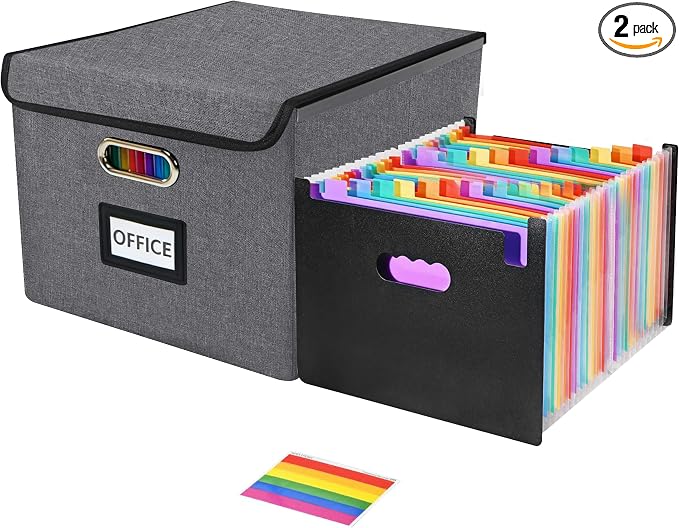 File Organizer Box with 25-Pocket Accordion Folder, File Folder & Protective Lid - Document Storage for Home, Office, School, Light Grey