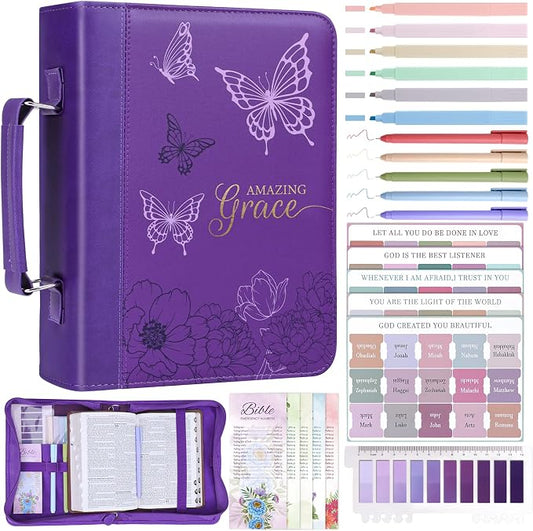 XKDOUS 24 Pcs Bible Cover Cases Set for Woman Study Bible Supplies Accessories Organizer Leather Bible Bag Holder Book Carrying Case w/Handle, Christian Gifts for Mom Women Men Lady