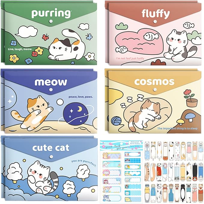 Cute Cat File Folders, 10 PCS Plastic Folders for Document, A4 Size Plastic Envelopes with Snap Closure, File Folders Document Folders File Bags Name Tags Sticker Cat Bookmark for School Office