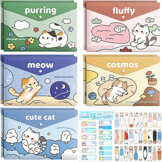 Cute Cat File Folders, 10 PCS Plastic Folders for Document, A4 Size Plastic Envelopes with Snap Closure, File Folders Document Folders File Bags Name Tags Sticker Cat Bookmark for School Office