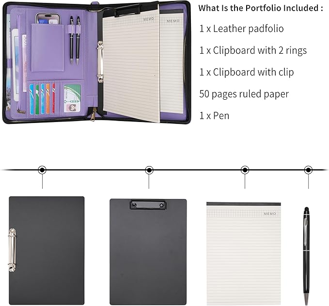 Wason A4 Portfolio with Zipper - Leather PU Padfolio with Detachable Ring Binder and Writing Notepad Holder, Conference File Multi-Pockets Organizer for Office Travel School (Purple)
