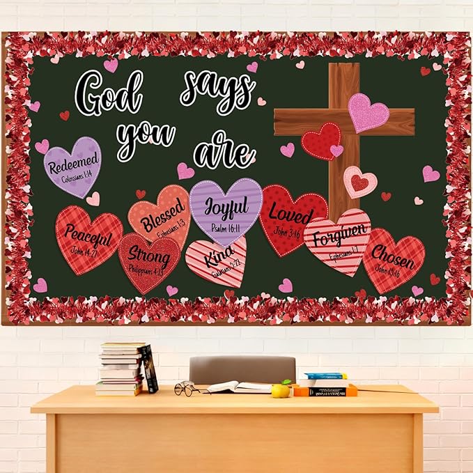 Pasimy Religious Valentine's Day Bulletin Board Set 3D Valentines Christian Classroom Decorations Bible Verse Cross God Says You are Bulletin Board Cutouts for Church Library Sunday School Supplies