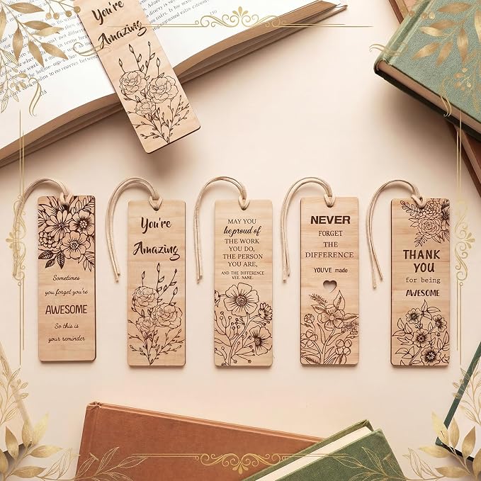 Resurhang 100 Pcs End of Year Classroom Gifts Bulk Wood Inspirational Bookmarks with Floral Encouraging Team Thank You Gift for Women Employee Coworker Paraprofessional Colleagues Teachers