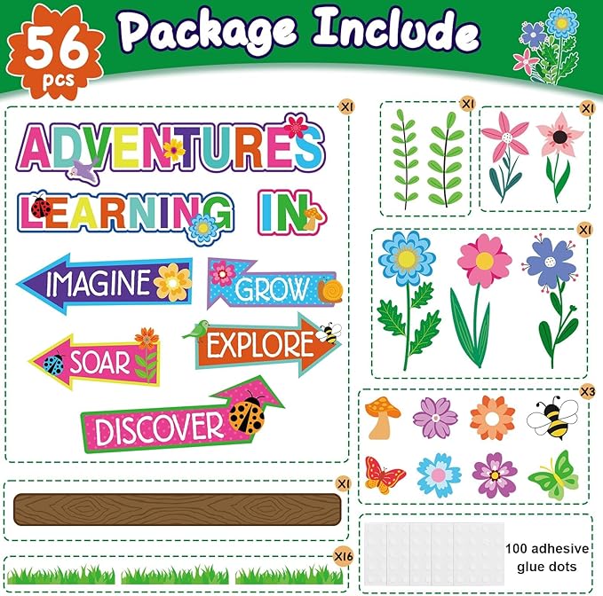 56 Spring Piece Adventures in Reading Bulletin Board Classroom Decoration Flower Signpost Paper Cutouts Supplies Colorful Floral Bulletin Board Decorations for Spring Classroom Wall Door Flower Decor