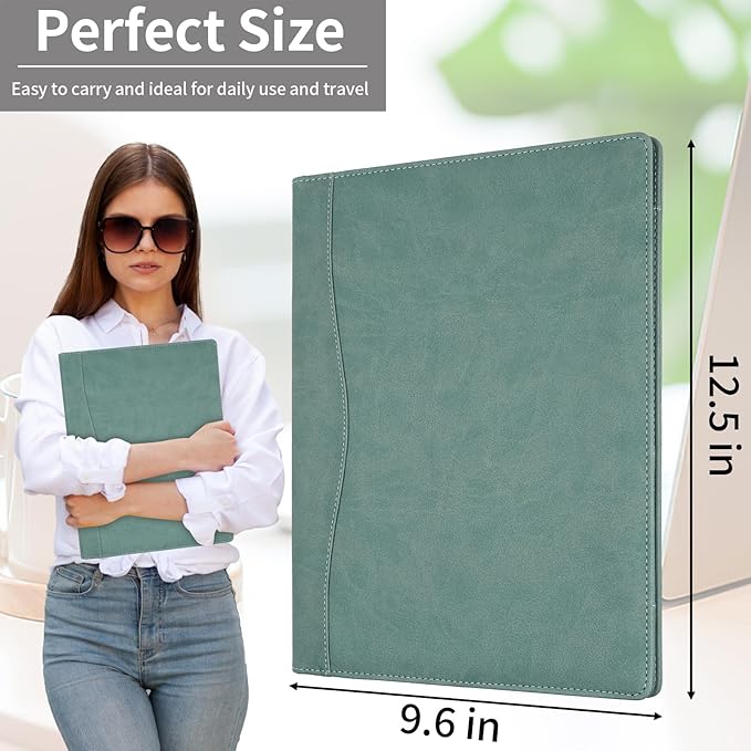 MOWPOG Professional Padfolio Portfolio Binder, Faux Leather Interview Resume Folder, Letter Size A4 Legal Writing Pad Holder, Document Organizer for Business School Office Conference (Green)