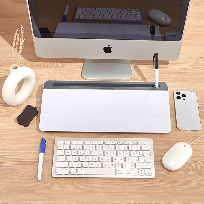 GAROOD Desktop Dry Erase Board with Storage (Grey Base) Desk Desk Board Glass Desktop White Board with Stand Home Office Organizer Phone Holder 15.8X7X2 inches