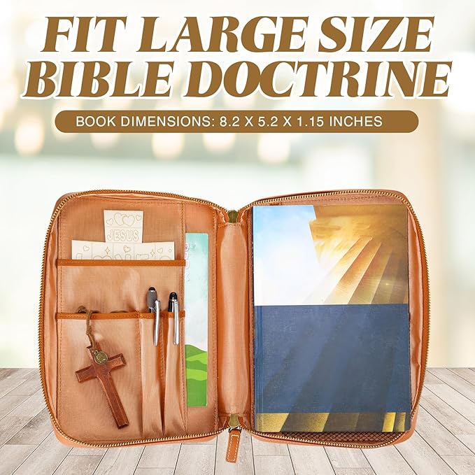 Top Grain Leather Bible Cover for Men Women Buffalo Genuine Leather Bible Case Book Holder Bag with Zipper Handle Back Pocket Bookmark Father's Day Religious Gift(Light Brown,Medium,Classic)