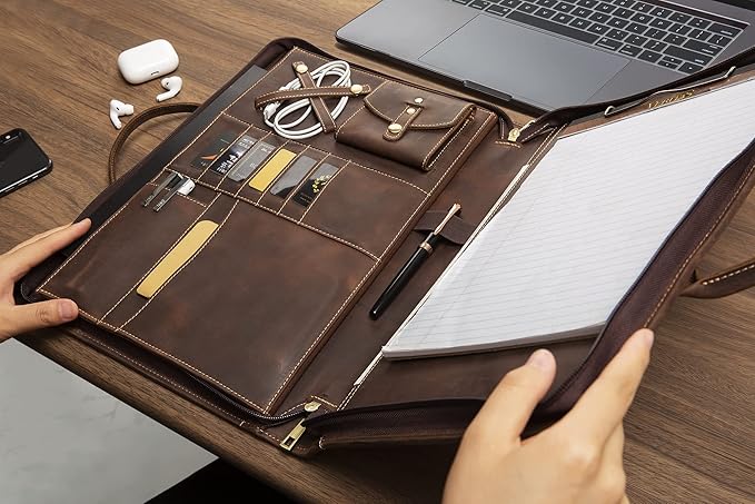 Genuine Leather Portfolio, Padfolio Organizer with Handle, Personalized Padfolios，Padfolios with Zipper for Men Women，Suitable for 15-inch Laptop Legal Pad Padfolio, Dark Khaki