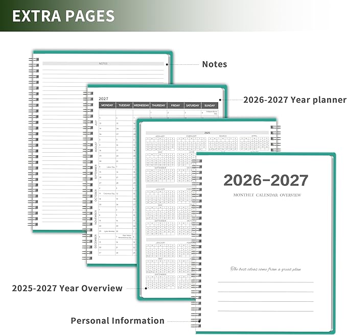 Monthly Planner 2026-2027, 2 year calendar 2026-2027 Calendar Book from Jan 2026 - Dec 2027 with Waterproof PVC Cover, 9'' x 11'', Organize Schedule for School, Office, Family, Grass Green