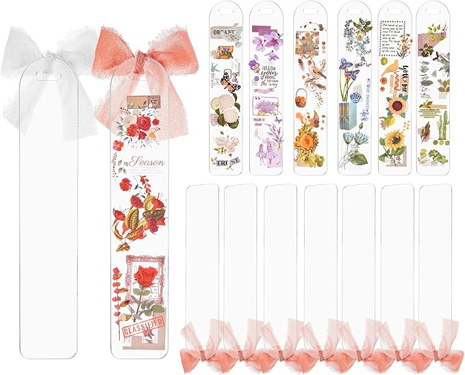 50 Pcs Acrylic Bookmark Blanks, Clear Acrylic Bookmarks Making Kit with 2 Rolls Ribbon, Plastic Blank Bookmarks Bulk for Reading Lovers, DIY Crafts, Graduation Gift Tag