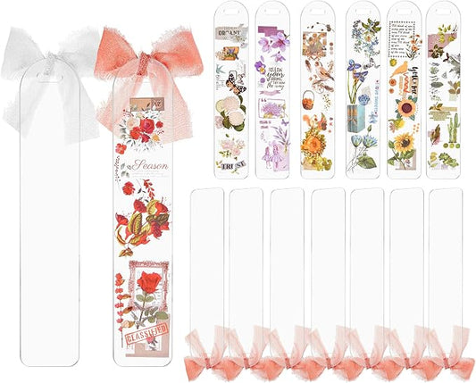 50 Pcs Acrylic Bookmark Blanks, Clear Acrylic Bookmarks Making Kit with 2 Rolls Ribbon, Plastic Blank Bookmarks Bulk for Reading Lovers, DIY Crafts, Graduation Gift Tag
