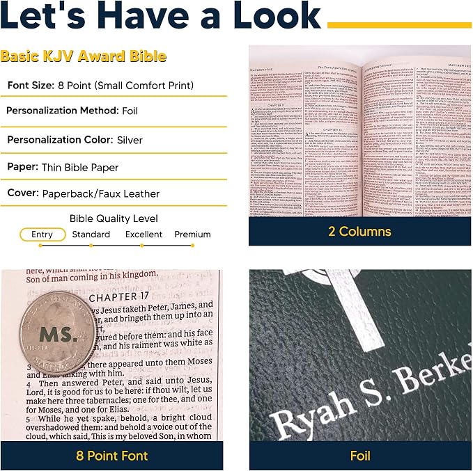 Personalized KJV Bible King James Version Faux Leather Bible SMALL PRINT Economy Bible with Custom Name and 3 Rows of Text, Highlighted Verses, Gift for Christian Celebrations (Forest Green)