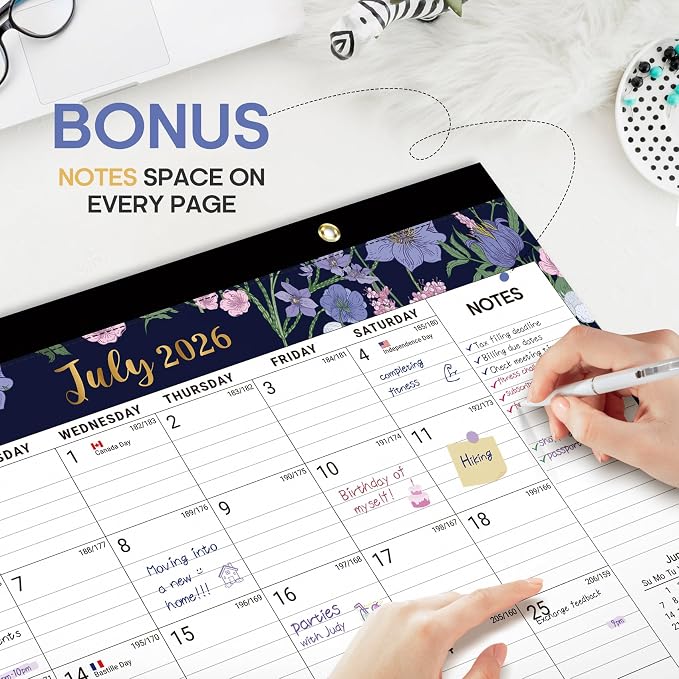 Desk Calendar 2026-2027, 18-Month Calendar Runs from July 2026 to December 2027, Large 17" x 12" Monthly Desktop & Wall Calendar for Home & Office - Midnight Garden