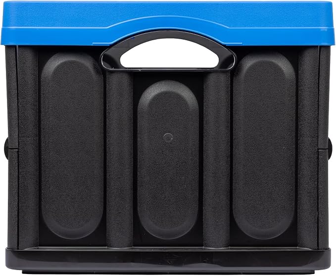 12 Gallon Collapsible Storage Bin, Plastic Foldable Storage Crate with Handles, Stackable Black & Blue for Home Garage Office, Built-in File Rails
