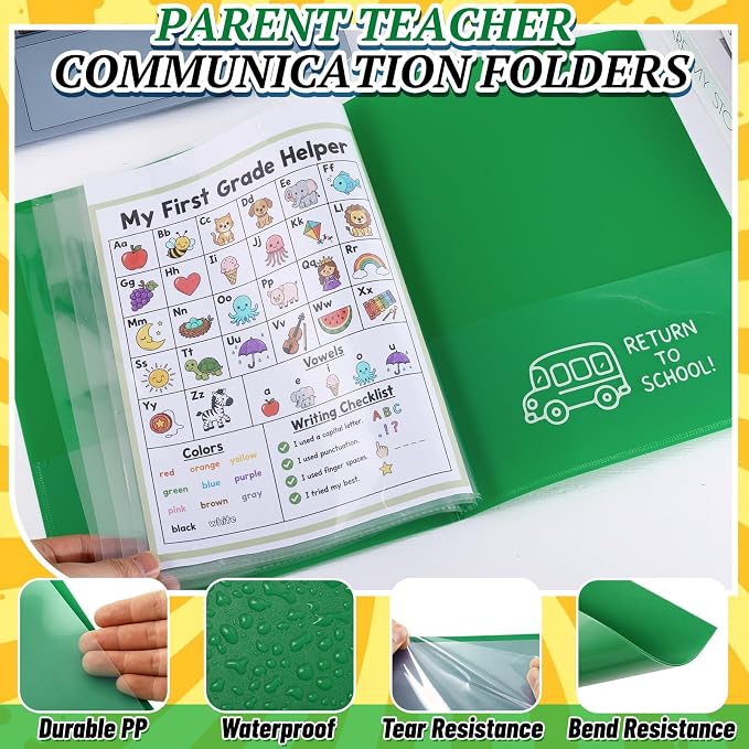 12 Pcs Take Home Folders for Elementary Students,Back to School 2 Pocket Folders with Clear Front Pocket 4 Inner Pockets,Plastic Parent Teacher Communication Folder 11.81 x 9.45 Inch (Green)