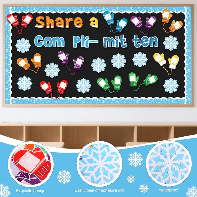 Funrous 45 Pcs Winter Bulletin Board Set Share a Compli-Mitten Interactive Classroom Decor Winter Gloves Snowflake Cutouts Christmas Bulletin Board for Holiday Party School Classroom Home Wall Decor