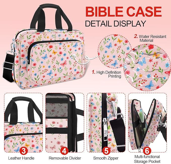 Cute Flower Large Bible Cover Case for Women Girls Organizer, Church Bag Book Carrying Case with Highlighters Shoulder Strap Pens Cross Clip Study Supplies Journaling Kit, Christian Gifts Pink