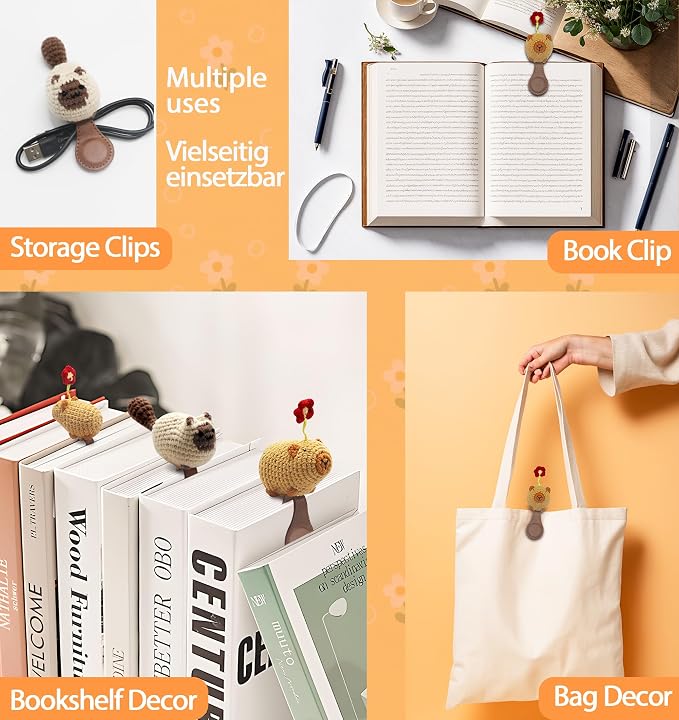 CharySim Crochet Bookmark Set, 2PC Magnetic Cute Animal Bookmarks for Women, 3D Handmade Funny Bookmark Gift for Book Lovers, Aesthetic Reading Gift, Gift for Women